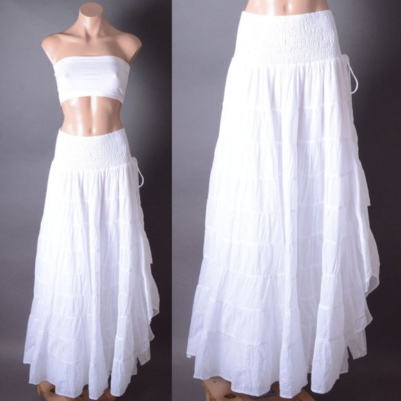 White Asymmetrical Boho Ruffle Smocked Stripe Tiered Beach Women Long Maxi Skirt - Picture 1 of 9